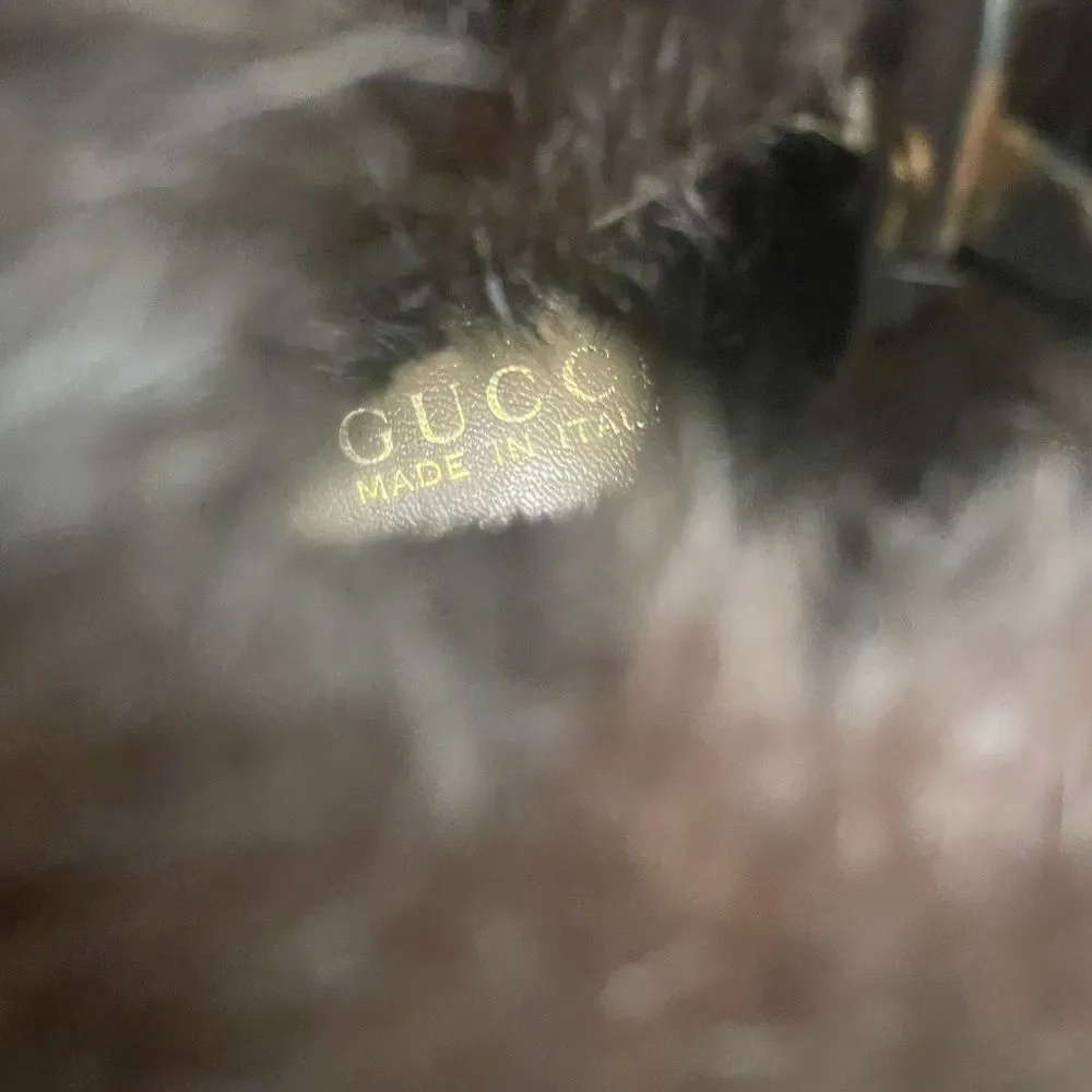 GUCCI Horsebit Gold Accent Boots Brown Suede Fur Cuff And Lined Platform Size 5
